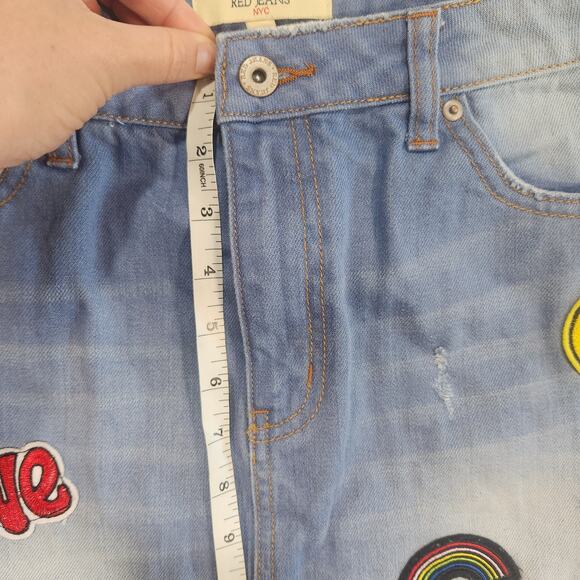 Womens  Blue Jean Skirt XL Patch Red Jeans NYC - Picture 5 of 10